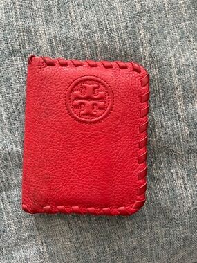 Tory Burch Red Leather Card Holder with Whipstitch Detail